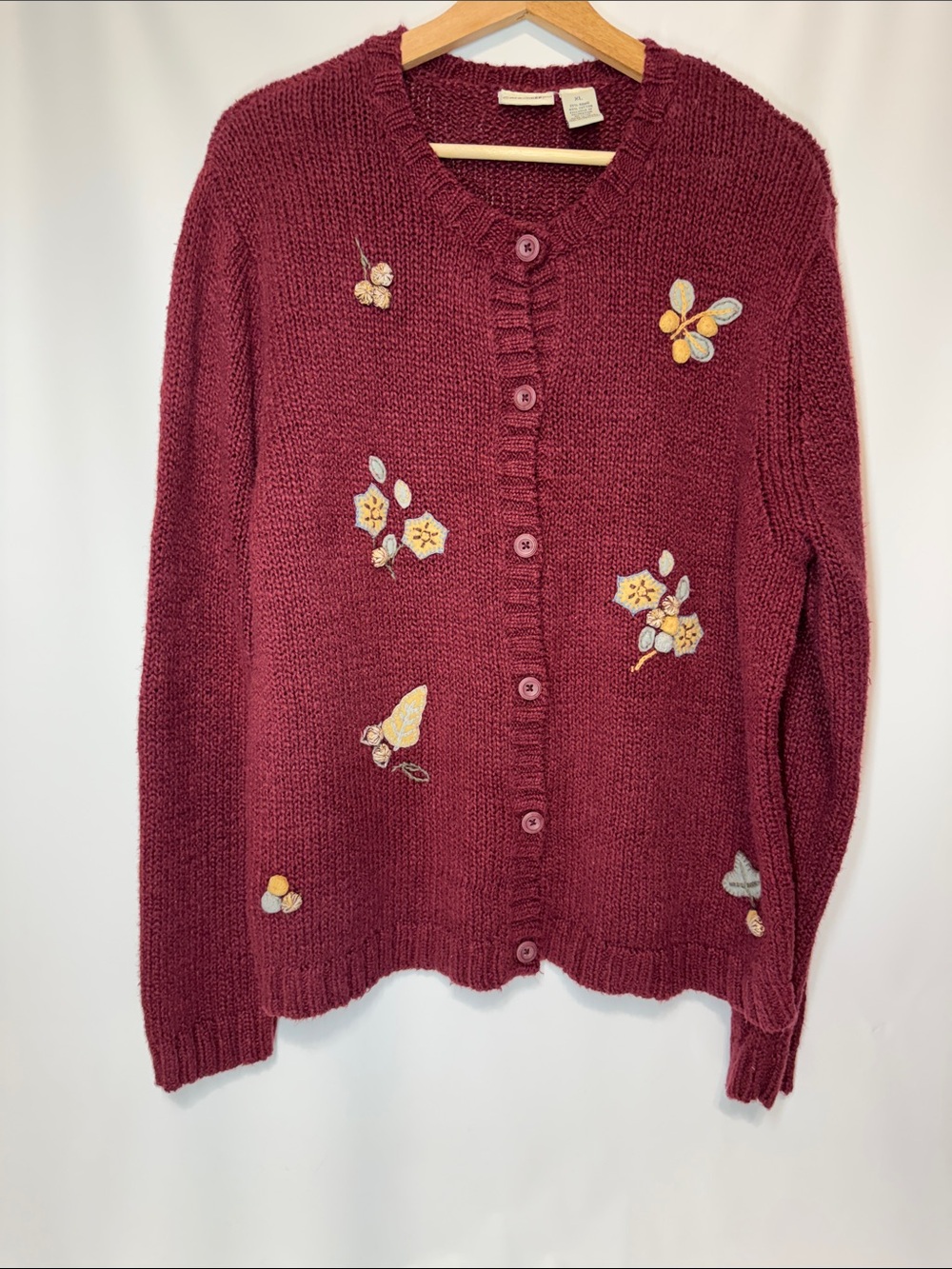 Vintage Cherokee Floral Embroidered Cardigan Sweater Burgundy Size XL